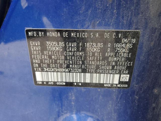 3HGGK5H88KM732328 - 2019 HONDA FIT EX BLUE photo 12