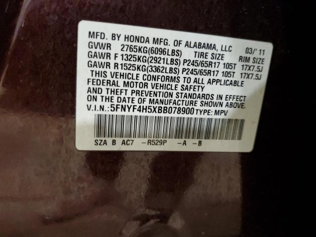 5FNYF4H5XBB078900 - 2011 HONDA PILOT EXL MAROON photo 13