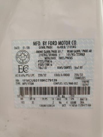 1FMCU93118KC79139 - 2008 FORD ESCAPE XLT WHITE photo 14