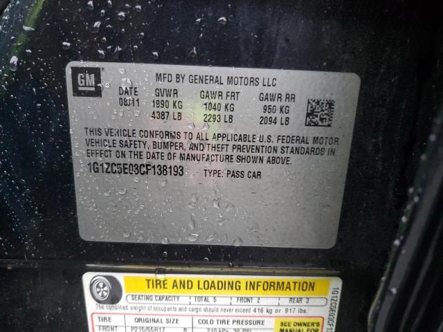 1G1ZC5E03CF138193 - 2012 CHEVROLET MALIBU 1LT Қара фото 12