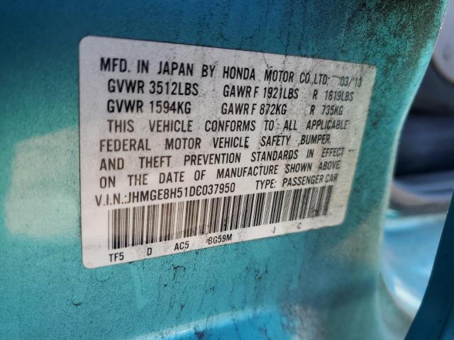 JHMGE8H51DC037950 - 2013 HONDA FIT SPORT TURQUOISE photo 12