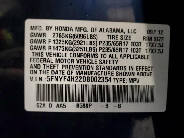 5FNYF4H22DB002354 - 2013 HONDA PILOT LX BLUE photo 13