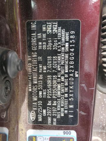 5XYKUDA2XBG041589 - 2011 KIA SORENTO EX BURGUNDY photo 14