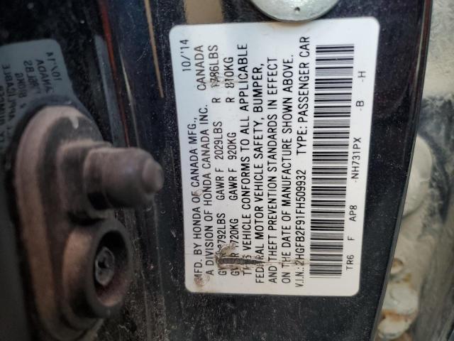 2HGFB2F91FH509932 - 2015 HONDA CIVIC EXL 黑色 照片 12
