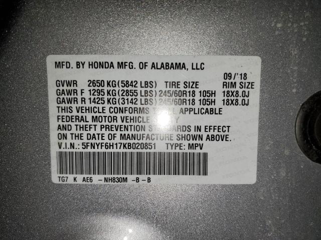 5FNYF6H17KB020851 - 2019 HONDA PILOT LX SILVER photo 13