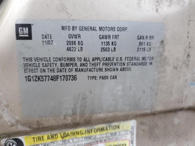 1G1ZK57748F170736 - 2008 CHEVROLET MALIBU LTZ თაფლისფერი ფოტო 12