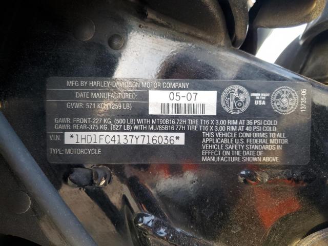 1HD1FC4137Y716036 - 2007 HARLEY-DAVIDSON FLHTCUI შავი ფოტო 10