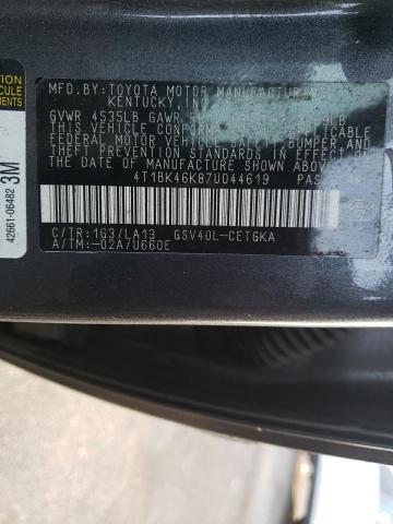 4T1BK46K87U044619 - 2007 TOYOTA CAMRY LE GRAY photo 12