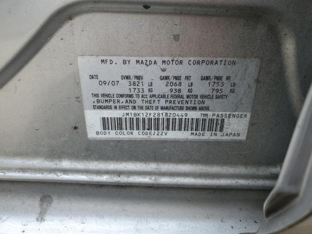 JM1BK12F281820449 - 2008 MAZDA 3 I SILVER photo 12