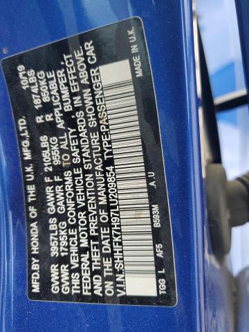 SHHFK7H97LU209854 - 2020 HONDA CIVIC SPORT TOURING BLUE photo 14