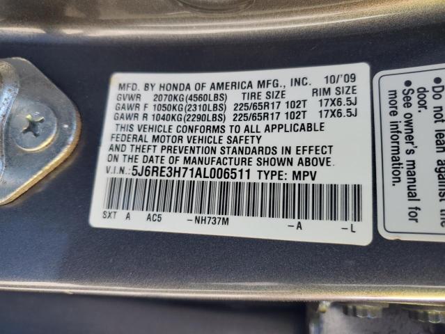 5J6RE3H71AL006511 - 2010 HONDA CR-V EXL GRAY photo 13