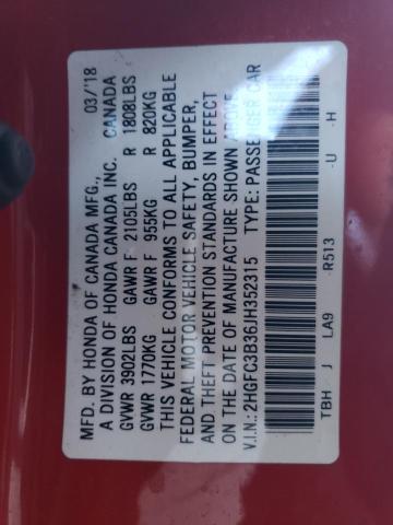 2HGFC3B36JH352315 - 2018 HONDA CIVIC EX RED photo 13