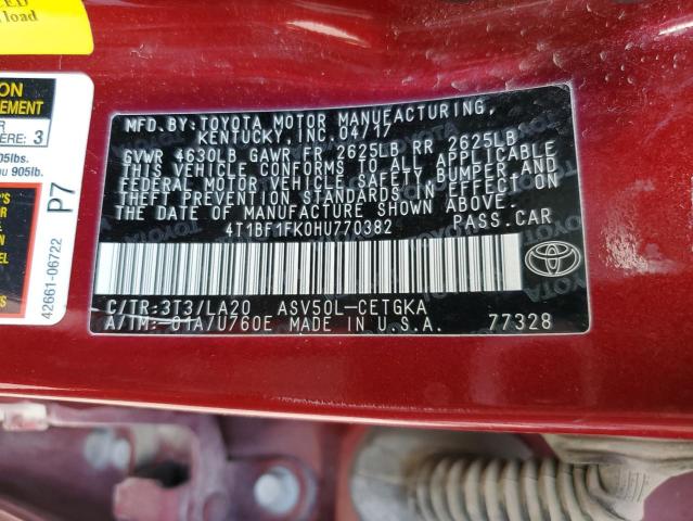 4T1BF1FK0HU770382 - 2017 TOYOTA CAMRY LE 勃艮第红 照片 12