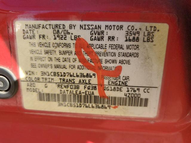 3N1CB51D76L636869 - 2006 NISSAN SENTRA 1.8 RED photo 12