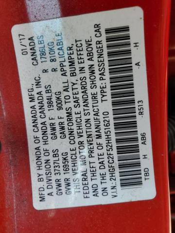 2HGFC2F52HH516210 - 2017 HONDA CIVIC LX RED photo 12