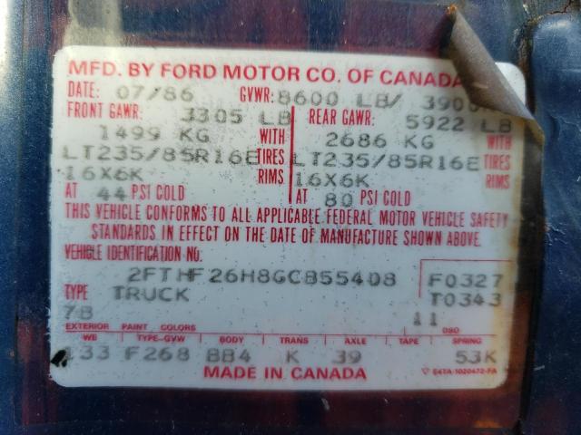 2FTHF26H8GCB55408 - 1986 FORD F250 BLUE photo 12