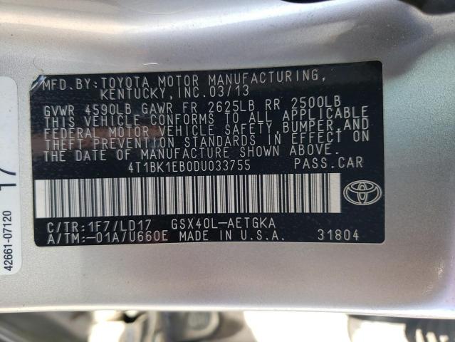 4T1BK1EB0DU033755 - 2013 TOYOTA AVALON BASE 银色 照片 12