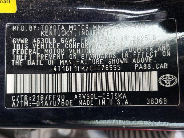 4T1BF1FK7CU076555 - 2012 TOYOTA CAMRY BASE BLACK photo 13