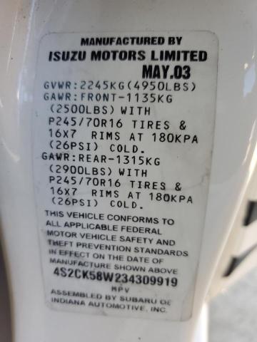 4S2CK58W234309919 - 2003 ISUZU RODEO S WHITE photo 13