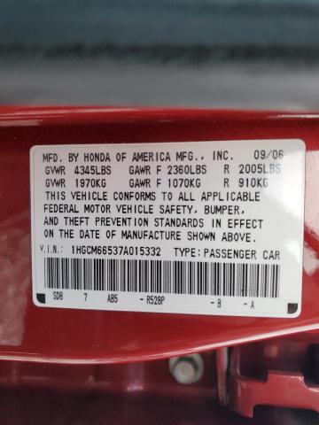 1HGCM66537A015332 - 2007 HONDA ACCORD EX RED photo 12