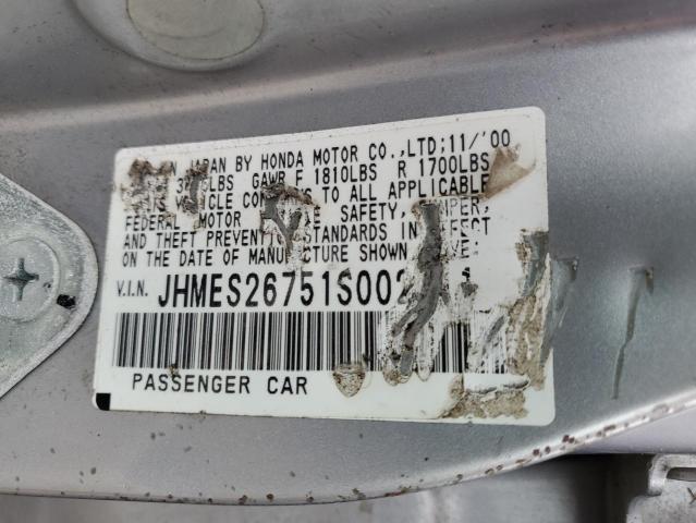 JHMES26751S002511 - 2001 HONDA CIVIC EX SILVER photo 12