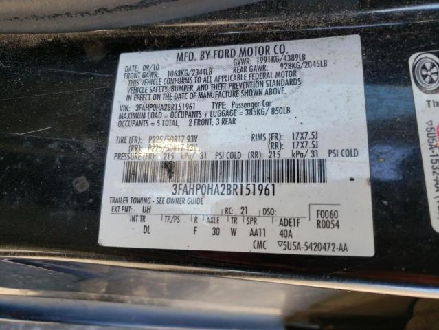 3FAHP0HA2BR151961 - 2011 FORD FUSION SE BLACK photo 12