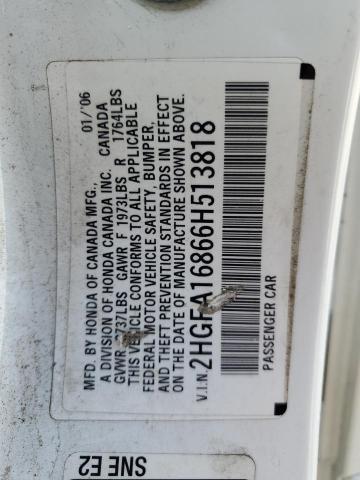 2HGFA16866H513818 - 2006 HONDA CIVIC EX თეთრი ფოტო 12
