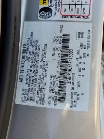 3FAHP0JG7AR415303 - 2010 FORD FUSION SEL SILVER photo 13