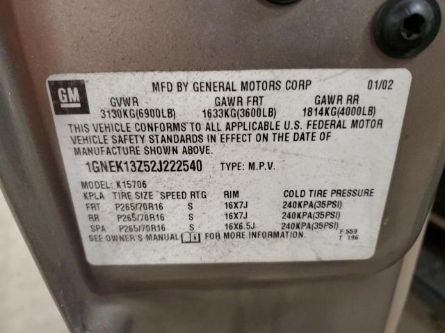 1GNEK13Z52J222540 - 2002 CHEVROLET TAHOE K1500 GRAY photo 12