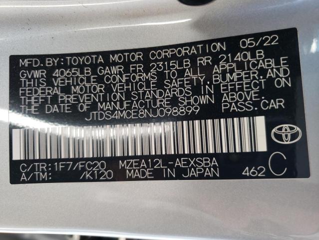 JTDS4MCE8NJ098899 - 2022 TOYOTA COROLLA SE SILVER photo 12