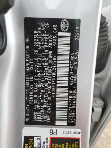 4T1BF1FKXDU247283 - 2013 TOYOTA CAMRY L SILVER photo 12