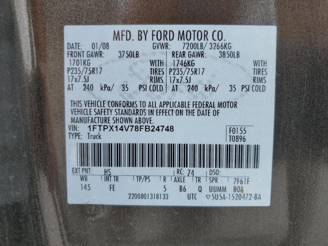 1FTPX14V78FB24748 - 2008 FORD F150 BROWN photo 12