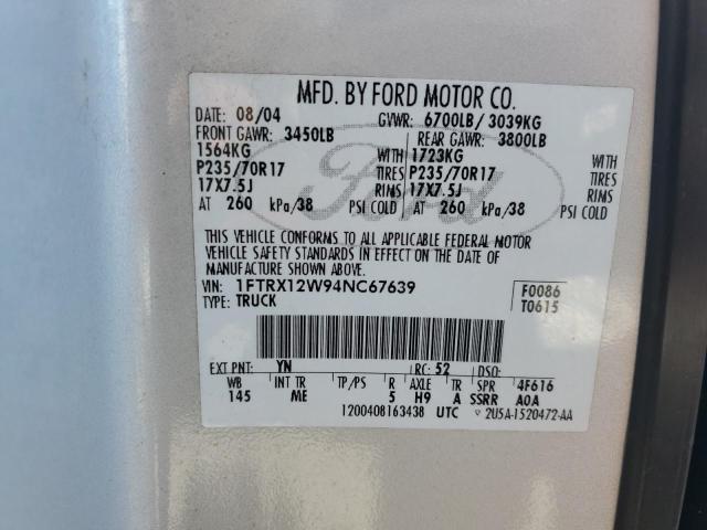 1FTRX12W94NC67639 - 2004 FORD F150 SILVER photo 12