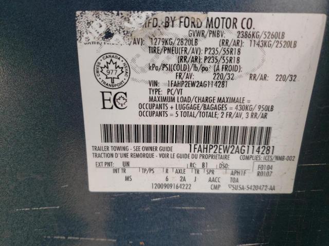 1FAHP2EW2AG114281 - 2010 FORD TAURUS SEL BLUE photo 12