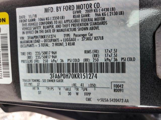 3FA6P0H70KR151274 - 2019 FORD FUSION SE GRAY photo 12