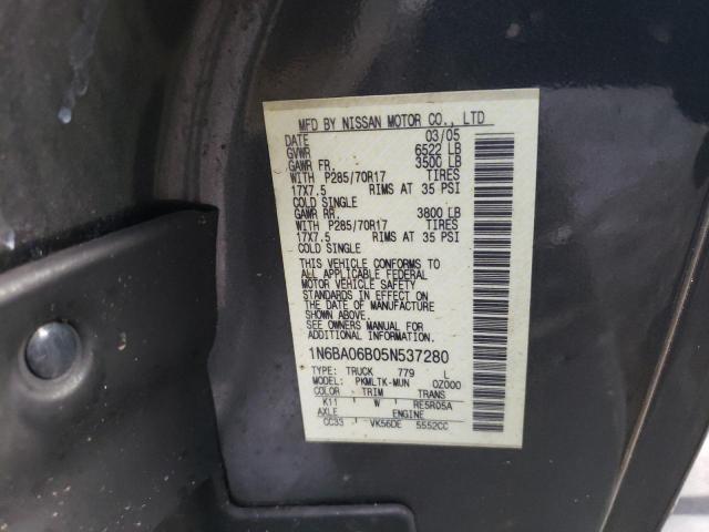 1N6BA06B05N537280 - 2005 NISSAN TITAN XE GRAY photo 12