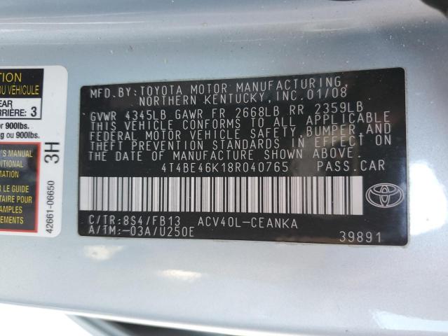 4T4BE46K18R040765 - 2008 TOYOTA CAMRY CE TURQUOISE photo 12