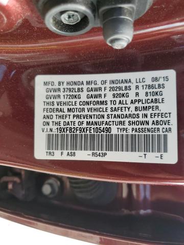 19XFB2F9XFE105490 - 2015 HONDA CIVIC EXL მუქწითელი ფოტო 13