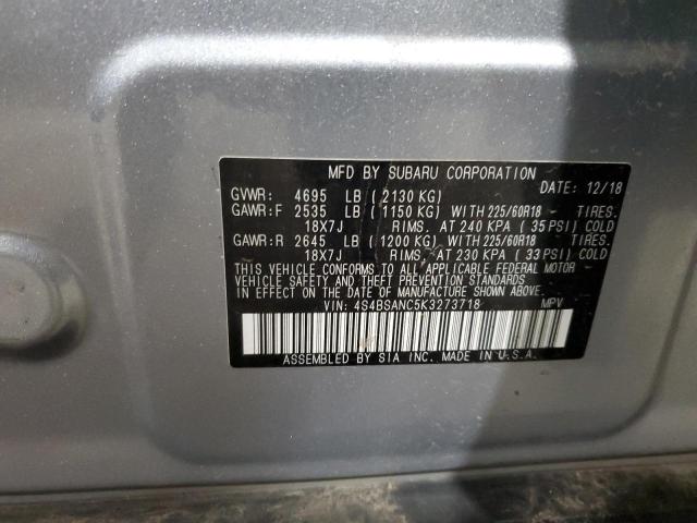 4S4BSANC5K3273718 - 2019 SUBARU OUTBACK 2.5I LIMITED SILVER photo 12