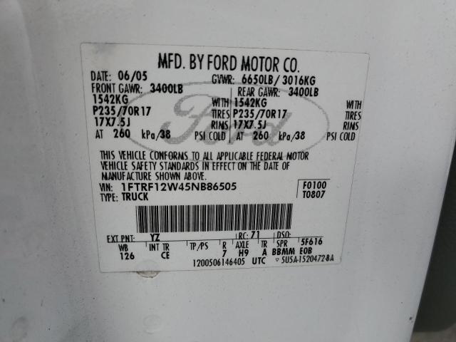 1FTRF12W45NB86505 - 2005 FORD F150 WHITE photo 12