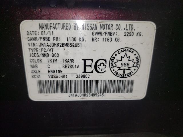 JN1AJ0HR2BM852451 - 2011 INFINITI EX35 BASE Բորդո լուսանկար 13