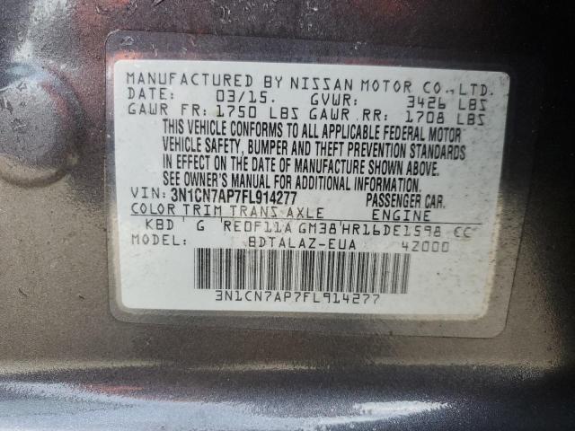 3N1CN7AP7FL914277 - 2015 NISSAN VERSA S CHARCOAL photo 12