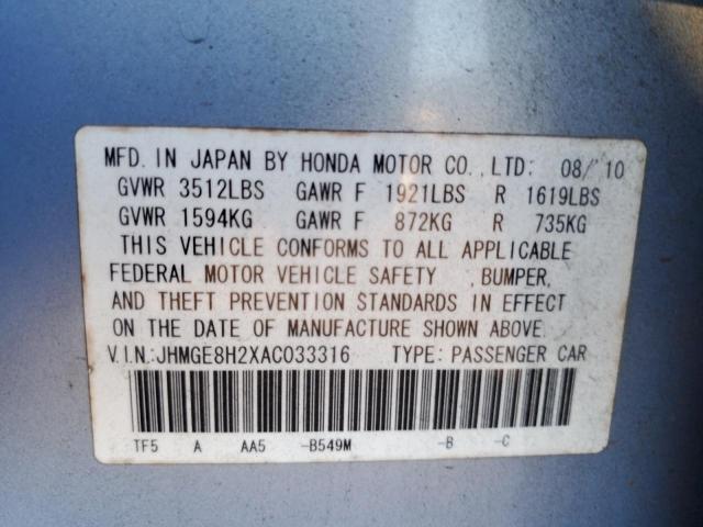 JHMGE8H2XAC033316 - 2010 HONDA FIT BLUE photo 12