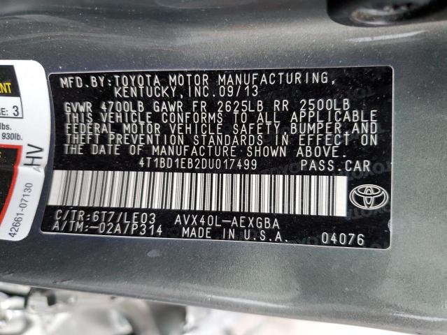 4T1BD1EB2DU017499 - 2013 TOYOTA AVALON HYBRID CHARCOAL photo 12