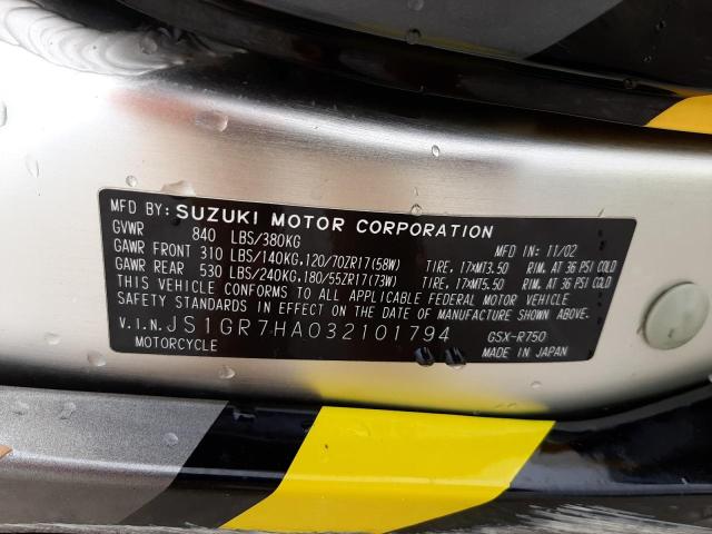 JS1GR7HA032101794 - 2003 SUZUKI GSX-R750 YELLOW photo 10