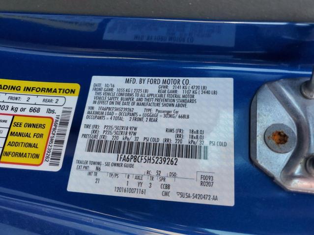 1FA6P8CF5H5239262 - 2017 FORD MUSTANG GT BLUE photo 12