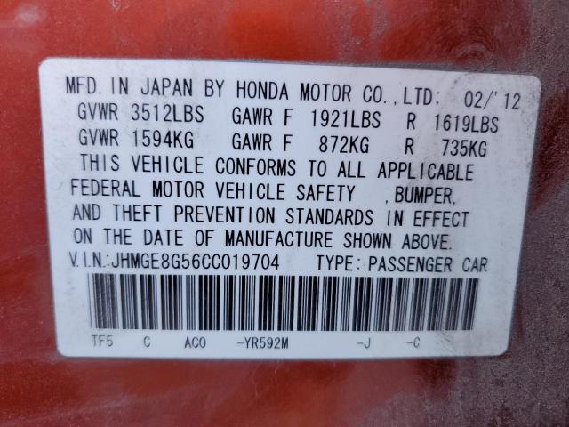 JHMGE8G56CC019704 - 2012 HONDA FIT SPORT ORANGE photo 13