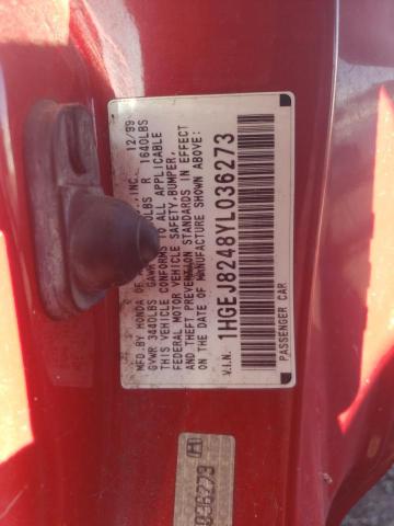 1HGEJ8248YL036273 - 2000 HONDA CIVIC EX RED photo 12