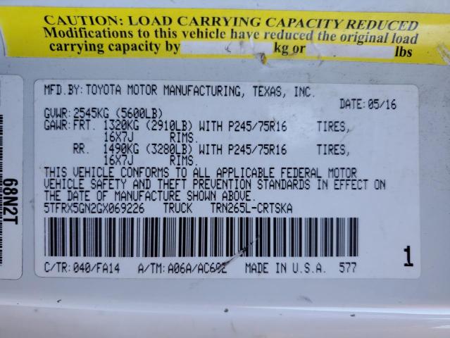 5TFRX5GN2GX069226 - 2016 TOYOTA TACOMA ACCESS CAB თეთრი ფოტო 12