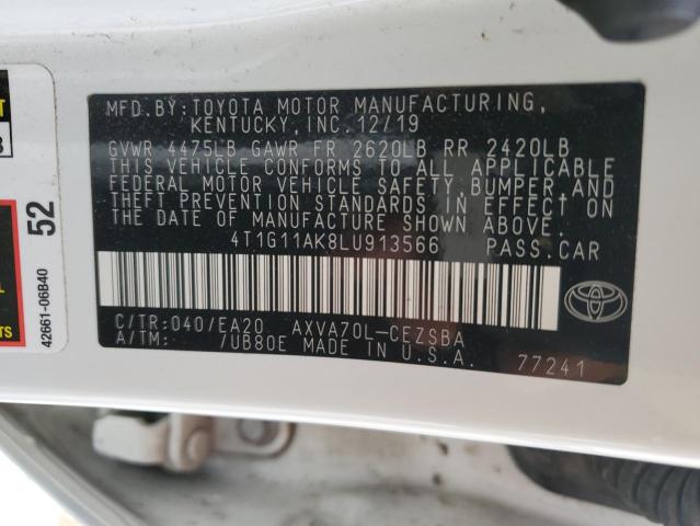 4T1G11AK8LU913566 - 2020 TOYOTA CAMRY SE WHITE photo 12